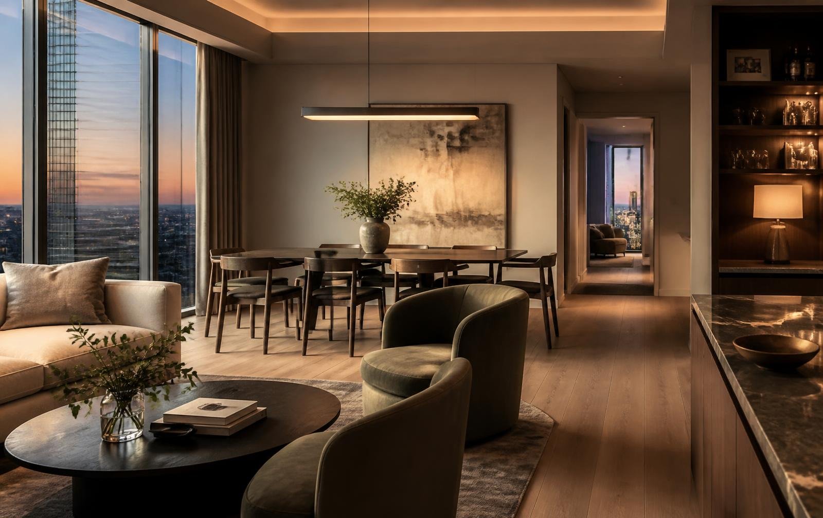 Modern managed residence interior at dusk with warm lighting