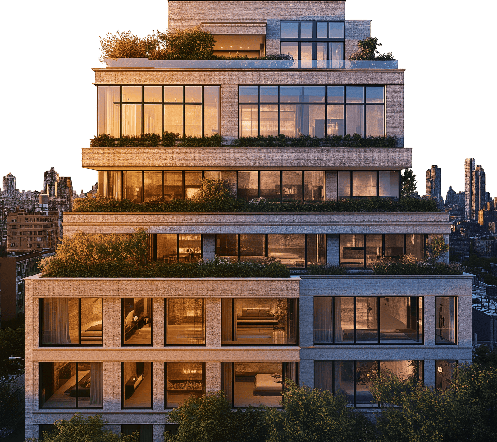 Terraced modern residence lit from within at dusk